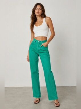 Zara Jeans Womens 6 Green High Rise Flared Raw Hem Frayed Denim Pants